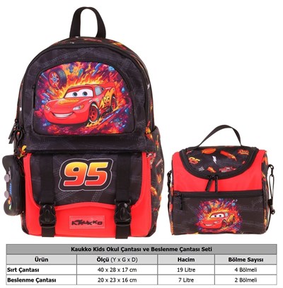 Kaukko Kids Rust Eze Erkek Çocuk Kırmızı - Siyah İlkokul Sırt Çantası ve Beslenme Çanta Seti - SETKK-L5399B