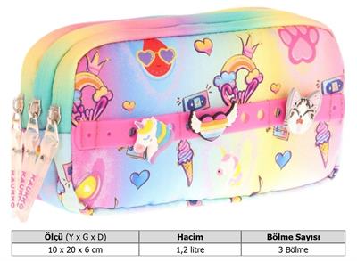 Kaukko Kids Sarı Pembe, Rengarenk, Kız Çocuk Üç Gözlü Okul Kalem Çantası - L8244