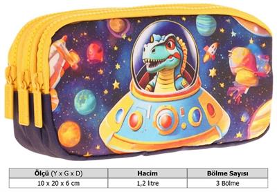 Kaukko Kids Sarı Siyah, Astronot Dinazor, Erkek Çocuk Üç Bölmeli Kalemlik/Kalem Çantası - L8273