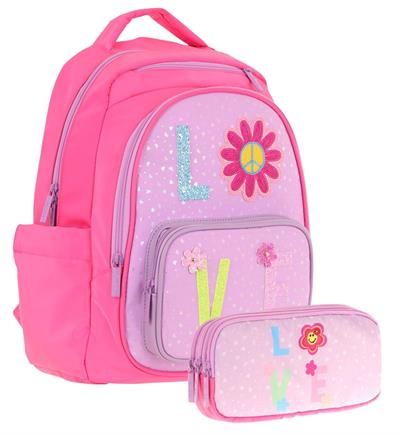 Kaukko Kids Simli Love Desenli Kız Çocuk Okul Çantası ve Üç Gözlü Kalem Çantası Seti (L5211+L8211)