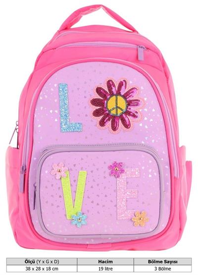Kaukko Kids Simli Love Desenli Kız Çocuk Dört Bölmeli Okul Çantası - L5211