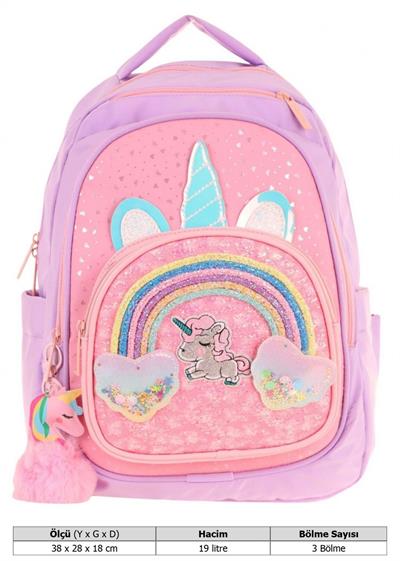 Kaukko Kids Simli Unicorn Desenli Kız Çocuk Dört Bölmeli Okul Çantası - L5212