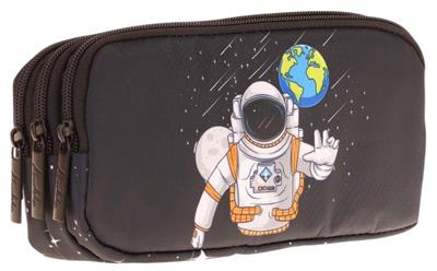 Kaukko Kids Siyah, Astronot, Erkek Çocuk Üç Bölmeli Okul Kalem Çantası - L8253