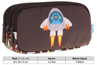 Kaukko Kids Siyah Beyaz, Roket Temalı, Erkek Çocuk Üç Bölmeli Okul Kalem Çantası - L8264