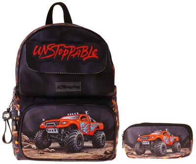Kaukko Kids Soil Truck Siyah - Kırmızı Erkek Çocuk İlkokul Sırt Çantası ve Kalem Çantası Seti - SETKK-L5359C
