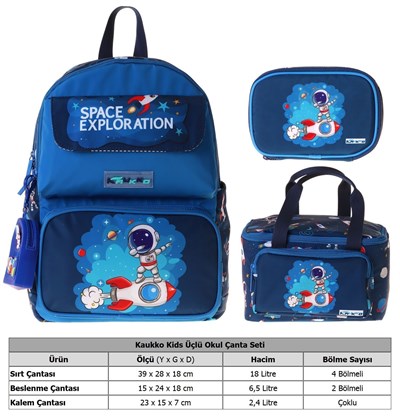 Kaukko Kids Space(Lacivert Renk) Erkek Çocuk Üçlü İlkokul Okul Çantası Seti/Takımı - SETKK-L5364D