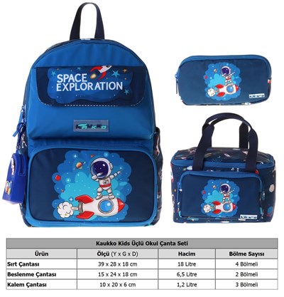 Kaukko Kids Space(Lacivert Renk) Erkek Çocuk Üçlü İlkokul Okul Çantası Seti/Takımı - SETKK-L5364A