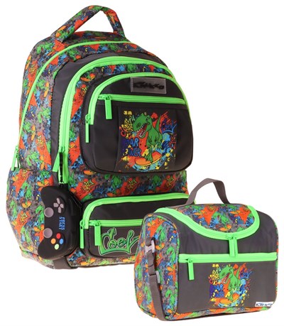 Kaukko Kids Street Erkek Çocuk Siyah - Yeşil İlkokul Sırt Çantası ve Beslenme Çanta Seti - SETKK-L5414B