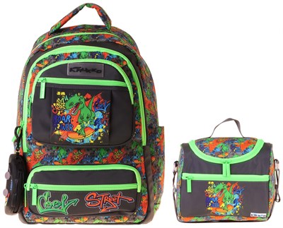 Kaukko Kids Street Erkek Çocuk Siyah - Yeşil İlkokul Sırt Çantası ve Beslenme Çanta Seti - SETKK-L5414B
