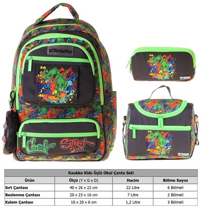 Kaukko Kids Street(Siyah - Yeşil Renk) Erkek Çocuk Üçlü İlkokul Okul Çantası Seti/Takımı - SETKK-L5414A