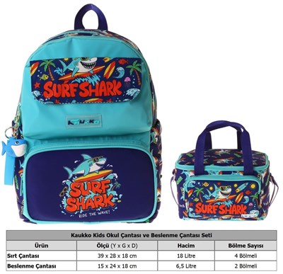 Kaukko Kids Surf Erkek Çocuk Yeşil - Lacivert İlkokul Sırt Çantası ve Beslenme Çanta Seti - SETKK-L5354B