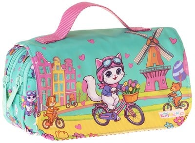 Kaukko Kids Taşıma Askılı Kız Çocuk Bisikletli Kedi Baskılı Şık Kalem Çantası (Yeşil - Pembe) - L5330