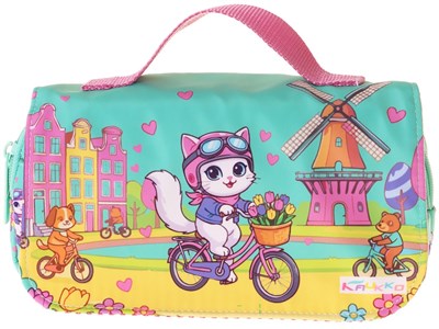 Kaukko Kids Taşıma Askılı Kız Çocuk Bisikletli Kedi Baskılı Şık Kalem Çantası (Yeşil - Pembe) - L5330