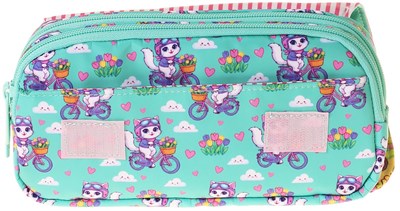 Kaukko Kids Taşıma Askılı Kız Çocuk Bisikletli Kedi Baskılı Şık Kalem Çantası (Yeşil - Pembe) - L5330