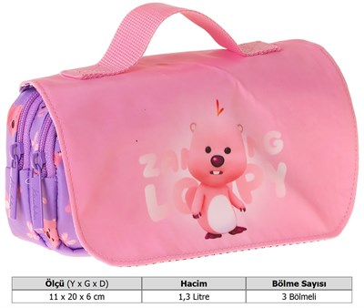 Kaukko Kids Taşıma Askılı Kız Çocuk Loopy Baskılı Şık Kalem Çantası (Lila - Pembe) - L5305