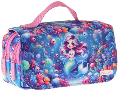 Kaukko Kids Taşıma Askılı Kız Çocuk Mercan ve Denizkızı Baskılı Şık Kalem Çantası (Pembe - Mavi) - L5325
