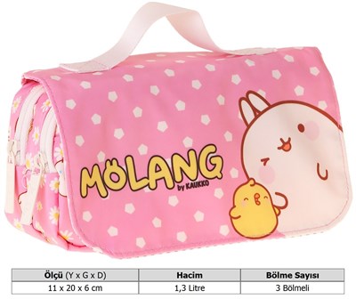 Kaukko Kids Taşıma Askılı Kız Çocuk Molang Baskılı Şık Kalem Çantası (Pembe - Sarı) - L5320