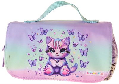 Kaukko Kids Taşıma Askılı Kız Çocuk Mor Kedi Desenli Şık Kalem Çantası (Yeşil - Mor) - L5290