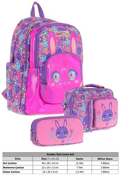 Kaukko Kids Tavşan Şekilli (Mor Pembe) Kız Çocuk Üçlü İlkokul Okul Çantası Seti