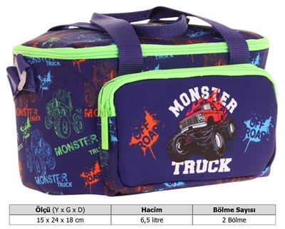 Kaukko Kids Thermo Isı Yalıtımlı Erkek Çocuk Monster Truck Yeşil Lacivert Beslenme Çantası L7279 (İki Bölmeli)