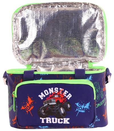 Kaukko Kids Thermo Isı Yalıtımlı Erkek Çocuk Monster Truck Yeşil Lacivert Beslenme Çantası L7279 (İki Bölmeli)