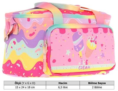 Kaukko Kids Thermo Isı Yalıtımlı Kız Çocuk Dondurma Baskılı Pembe Beslenme Çantası L7232 (İki Bölmeli)