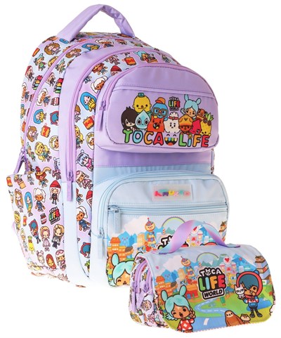 Kaukko Kids Toca Life Lila - Turkuaz Kız Çocuk İlkokul Sırt Çantası ve Kalem Çantası Seti - SETKK-L5338C