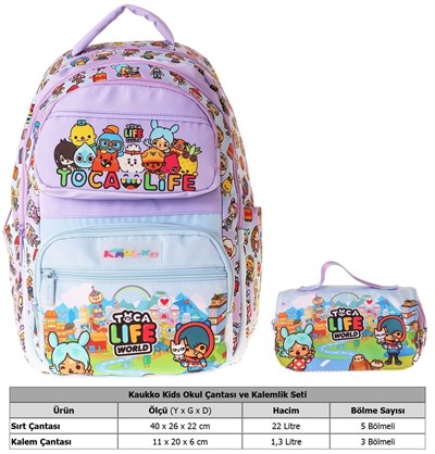 Kaukko Kids Toca Life Lila - Turkuaz Kız Çocuk İlkokul Sırt Çantası ve Kalem Çantası Seti - SETKK-L5338C