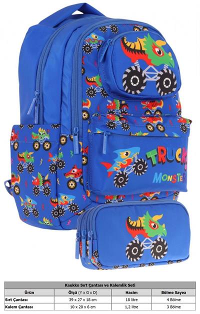 Kaukko Kids Toys Erkek Çocuk Mavi 3D Kamyon Şekilli İlkokul Çantası ve Kalemlik Seti (L5255+L8255)