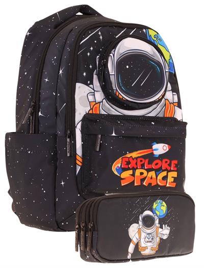 Kaukko Kids Toys Erkek Çocuk Siyah 3D Astronot Şekilli İlkokul Çantası ve Kalemlik Seti (L5253+L8253)