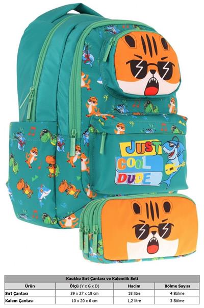 Kaukko Kids Toys Erkek Çocuk Yeşil 3D Aslan Şekilli İlkokul Çantası ve Kalemlik Seti (L5254+L8254)