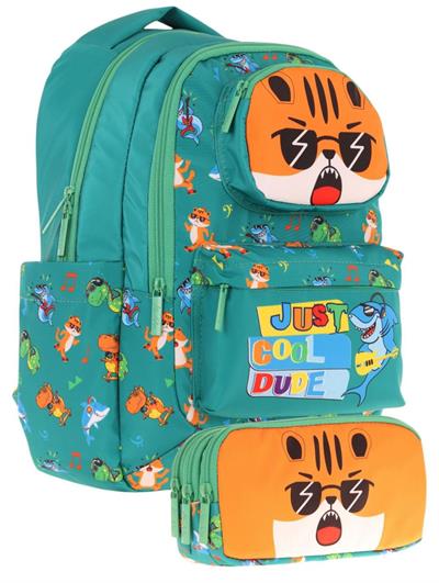 Kaukko Kids Toys Erkek Çocuk Yeşil 3D Aslan Şekilli İlkokul Çantası ve Kalemlik Seti (L5254+L8254)