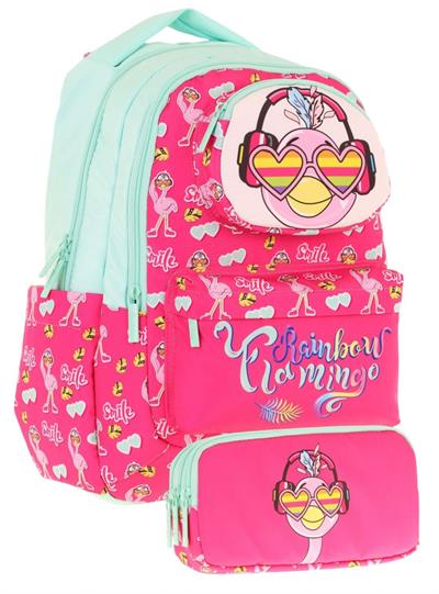 Kaukko Kids Toys Kız Çocuk Kırmızı Yeşil 3D Flamingo Şekilli İlkokul Çantası ve Kalemlik Seti (L5235+L8235)