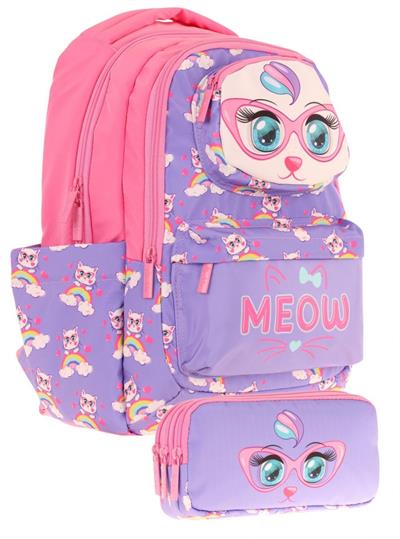 Kaukko Kids Toys Kız Çocuk Mor Pembe 3D Kedi Şekilli İlkokul Çantası ve Kalemlik Seti (L5236+L8236)