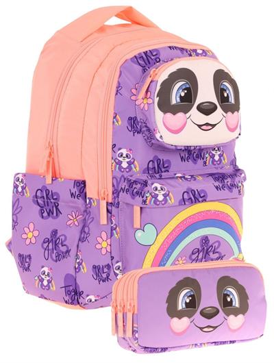 Kaukko Kids Toys Kız Çocuk Mor Somon 3D Panda Şekilli İlkokul Çantası ve Kalemlik Seti (L5233+L8233)