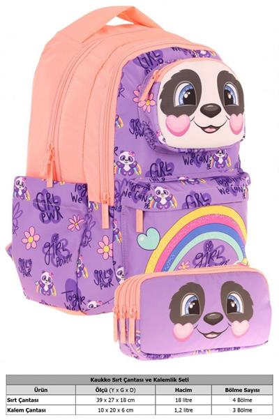 Kaukko Kids Toys Kız Çocuk Mor Somon 3D Panda Şekilli İlkokul Çantası ve Kalemlik Seti (L5233+L8233)