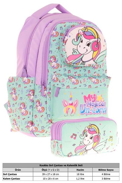 Kaukko Kids Toys Kız Çocuk Turkuaz 3d Unicorn Şekilli İlkokul Çantası ve Kalemlik Seti (L5234+L8234)