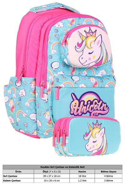 Kaukko Kids Toys Kız Çocuk Turkuaz Pembe 3D Unicorn Şekilli İlkokul Çantası ve Kalemlik Seti (L5155+L8155)
