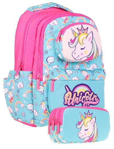 Kaukko Kids Toys Kız Çocuk Turkuaz Pembe 3D Unicorn Şekilli İlkokul Çantası ve Kalemlik Seti (L5155+L8155)