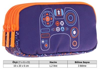 Kaukko Kids Turuncu Lacivert, Oyun, Erkek Çocuk Üç Bölmeli Kalemlik/Kalem Çantası - L8281