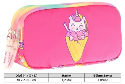 Kaukko Kids Üç Bölmeli Fuşya, Dondurma ve Unicorn, Kız Çocuk Okul Kalemliği - L8227