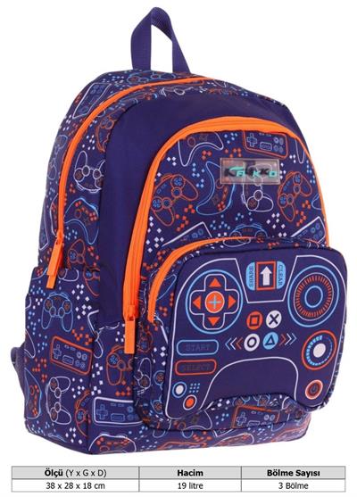 Kaukko Kids Üç Bölmeli (Lacivert Turuncu - Oyun Desenli) Erkek Çocuk Okul ve Günlük Sırt Çantası - L5281