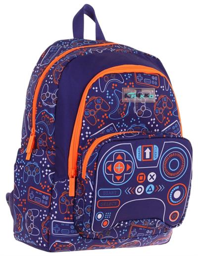 Kaukko Kids Üç Bölmeli (Lacivert Turuncu - Oyun Desenli) Erkek Çocuk Okul ve Günlük Sırt Çantası - L5281