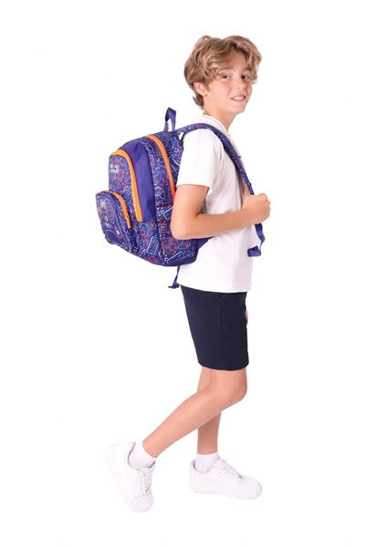 Kaukko Kids Üç Bölmeli (Lacivert Turuncu - Oyun Desenli) Erkek Çocuk Okul ve Günlük Sırt Çantası - L5281