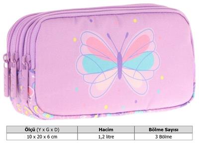 Kaukko Kids Üç Bölmeli Lila, Kelebek, Kız Çocuk Okul Kalemliği - L8222