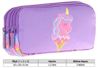 Kaukko Kids Üç Bölmeli Lila Pembe, Unicorn Desenli, Kız Çocuk Okul Kalemliği - L8224