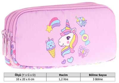Kaukko Kids Üç Bölmeli Lila, Unicorn, Kız Çocuk Okul Kalem Çantası - L8215