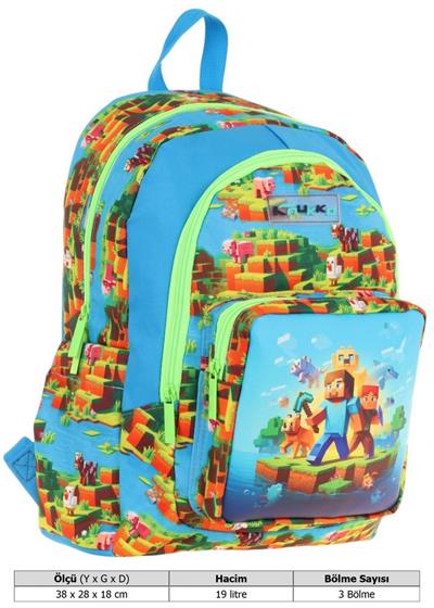Kaukko Kids Üç Bölmeli (Mavi Yeşil - Craft Baskılı) Erkek Çocuk Okul ve Günlük Sırt Çantası - L5280