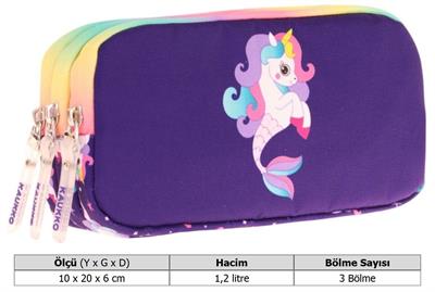 Kaukko Kids Üç Bölmeli Mor Çok Renkli, Denizkızı ve Unicorn, Kız Çocuk Okul Kalemliği - L8228