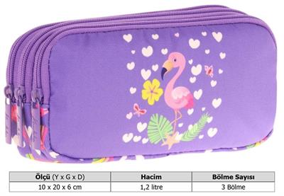 Kaukko Kids Üç Bölmeli Mor Pembe, Flamingo, Kız Çocuk Okul Kalemliği - L8226